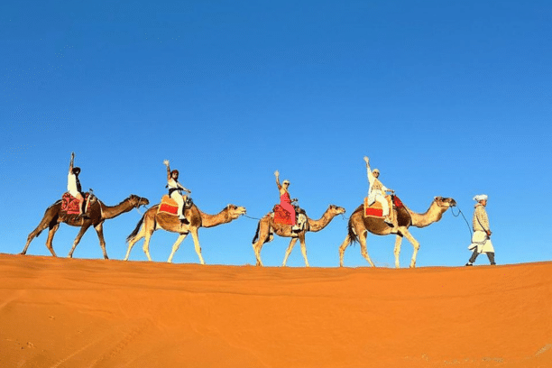 Travelers riding camels across the golden dunes of the Merzouga Sahara Desert during a private Morocco desert tour.