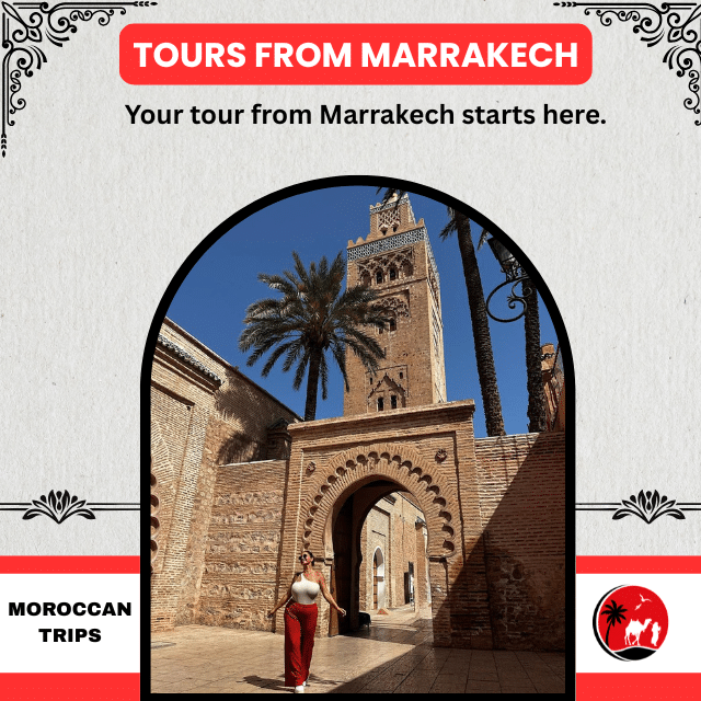 Traveler exploring the historic Koutoubia Mosque in Marrakech, the starting point for private Morocco tours from Marrakech.