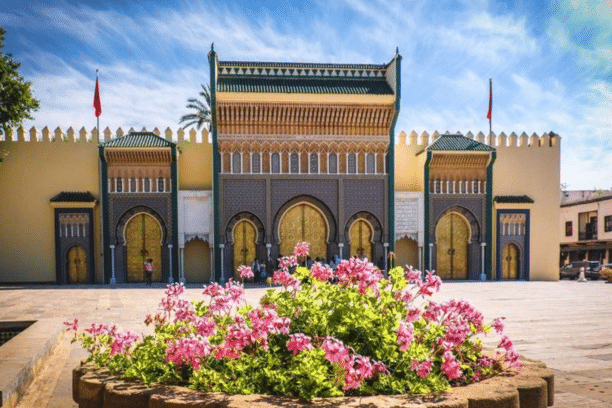 Royal Palace gates in Fes Morocco with traditional Moroccan architecture